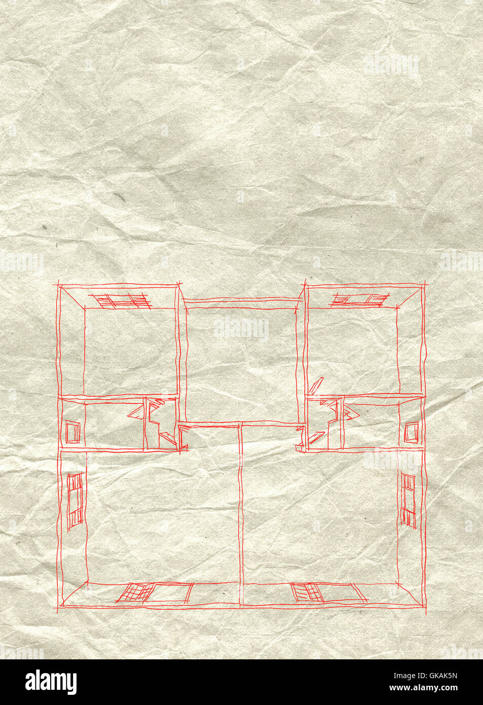 Rouge 2d Dessin croquis à main levée de l'intérieur d'accueil vide appartement sur vieux papier feuilles Banque D'Images