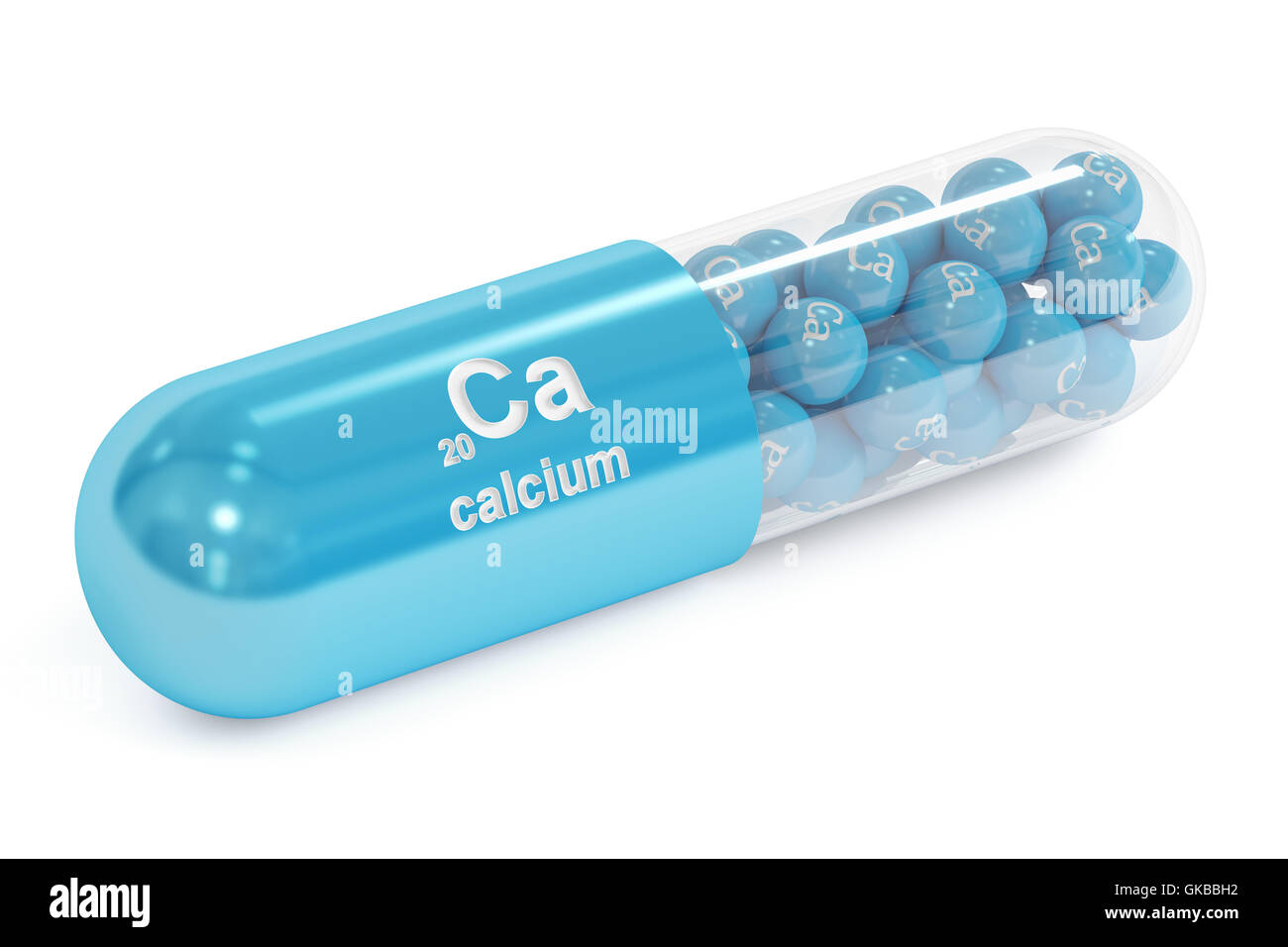 Capsule et l'élément Ca Calcium complément alimentaire, rendu 3D isolé sur fond blanc Banque D'Images