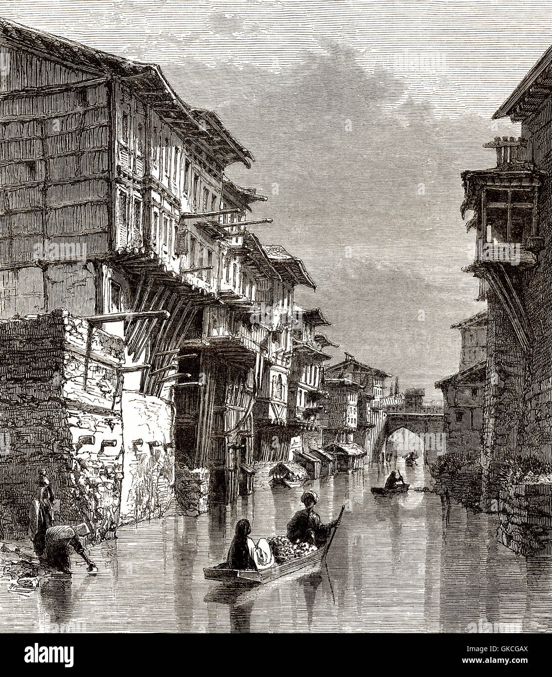 Nallah Mar Mar Mar, Canal, Kol, un canal de navigation à travers la vieille ville de Srinagar, Jammu-et-Cachemire, l'Inde, 19e Banque D'Images