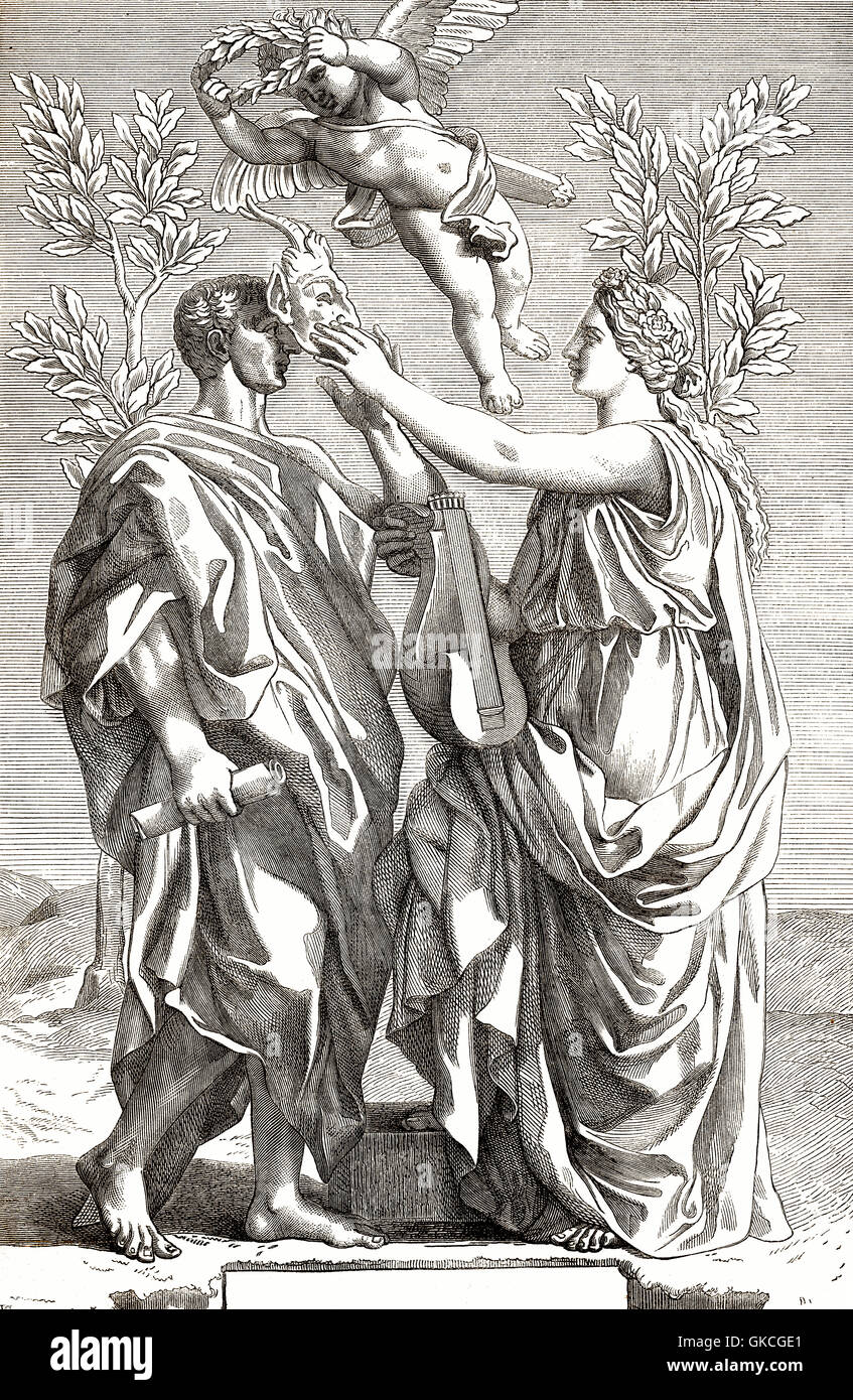 Le poète Horace couronné par Thalia, muse de la comédie, frontispice aux Œuvres d'Horace Banque D'Images