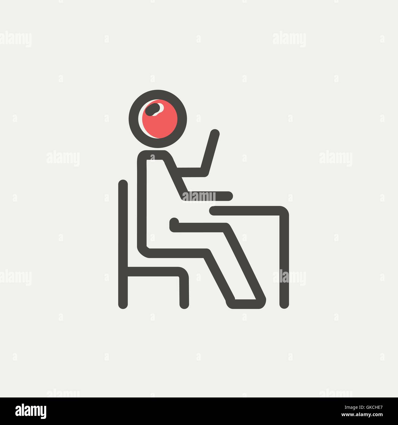 Élève assis sur une chaise en face de sa table l'icône de la ligne mince Illustration de Vecteur