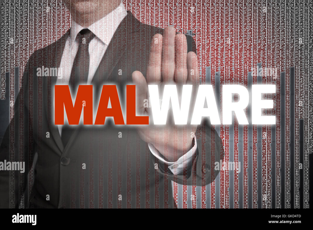 Malware avec matrice est illustré par l'homme d'affaires. Banque D'Images