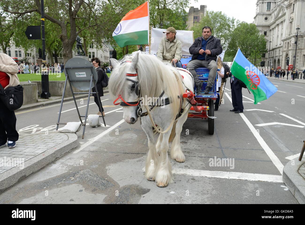 Tsiganes et Voyageurs rassemblement sur la place du Parlement contre de nouvelles lois qui disent qu'ils auront une incidence sur leurs droits culturels et d' état tsigane : Tsiganes, Voyageurs Où : London, Royaume-Uni Quand : 21 mai 2016 Banque D'Images