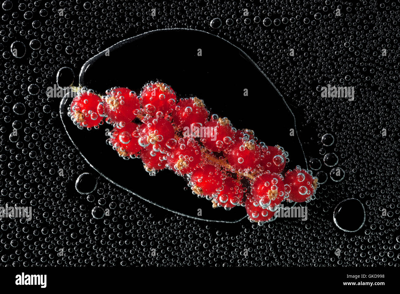 Groseille berry dans l'eau minérale, une série de photos. Close-up de l'eau gazéifiée sur fond noir Banque D'Images