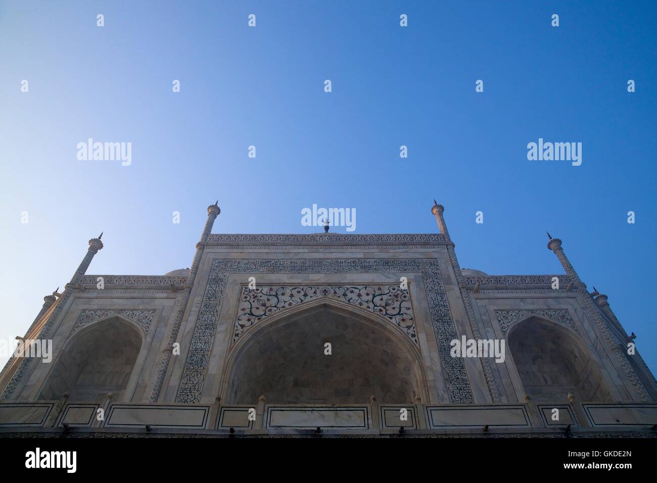 Taj Mahal au lever du soleil, l'UNESCO World Heritage Site, Agra, Uttar Pradesh, Inde, Asie Banque D'Images