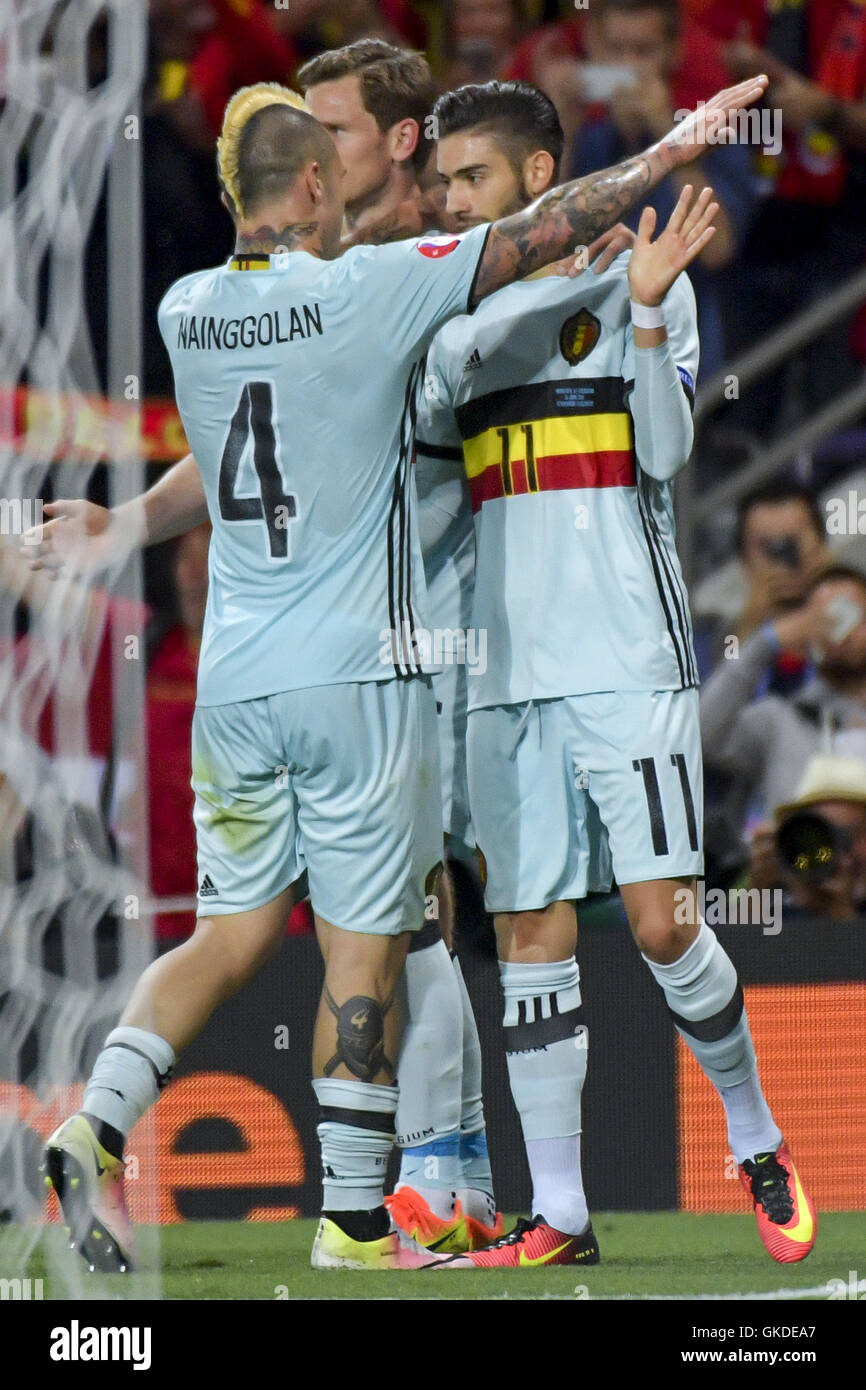 L'UEFA Euro 2016, Série de 16 - Belgique (4) v (0) Hongrie - Stade Municipal comprend : Radja Nainggolan, Jan Vertonghen, Yannick Carrasco Où : Toulouse, France Quand : 26 juin 2016 Source : Reporters / GYS / WENN.com **Uniquement disponible pour publication au Royaume-Uni Banque D'Images