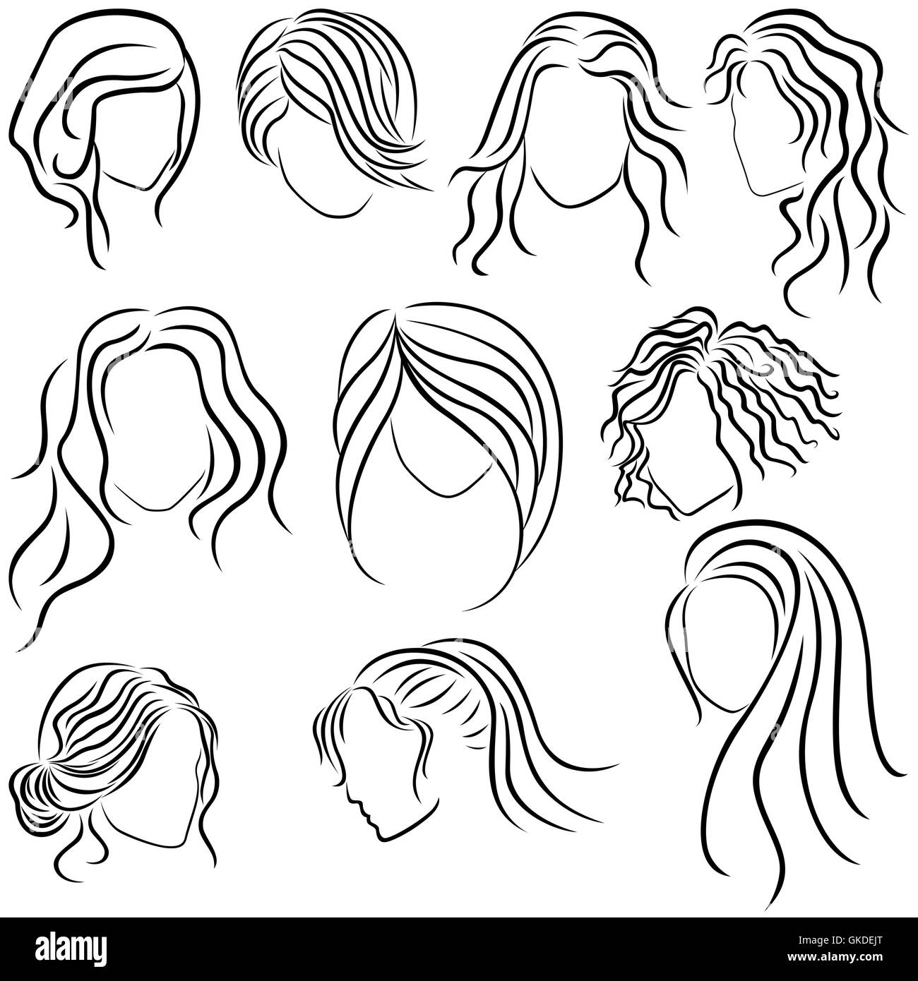 Coiffures pour les femmes, ensemble de dix lignes vector dessin à la main Illustration de Vecteur