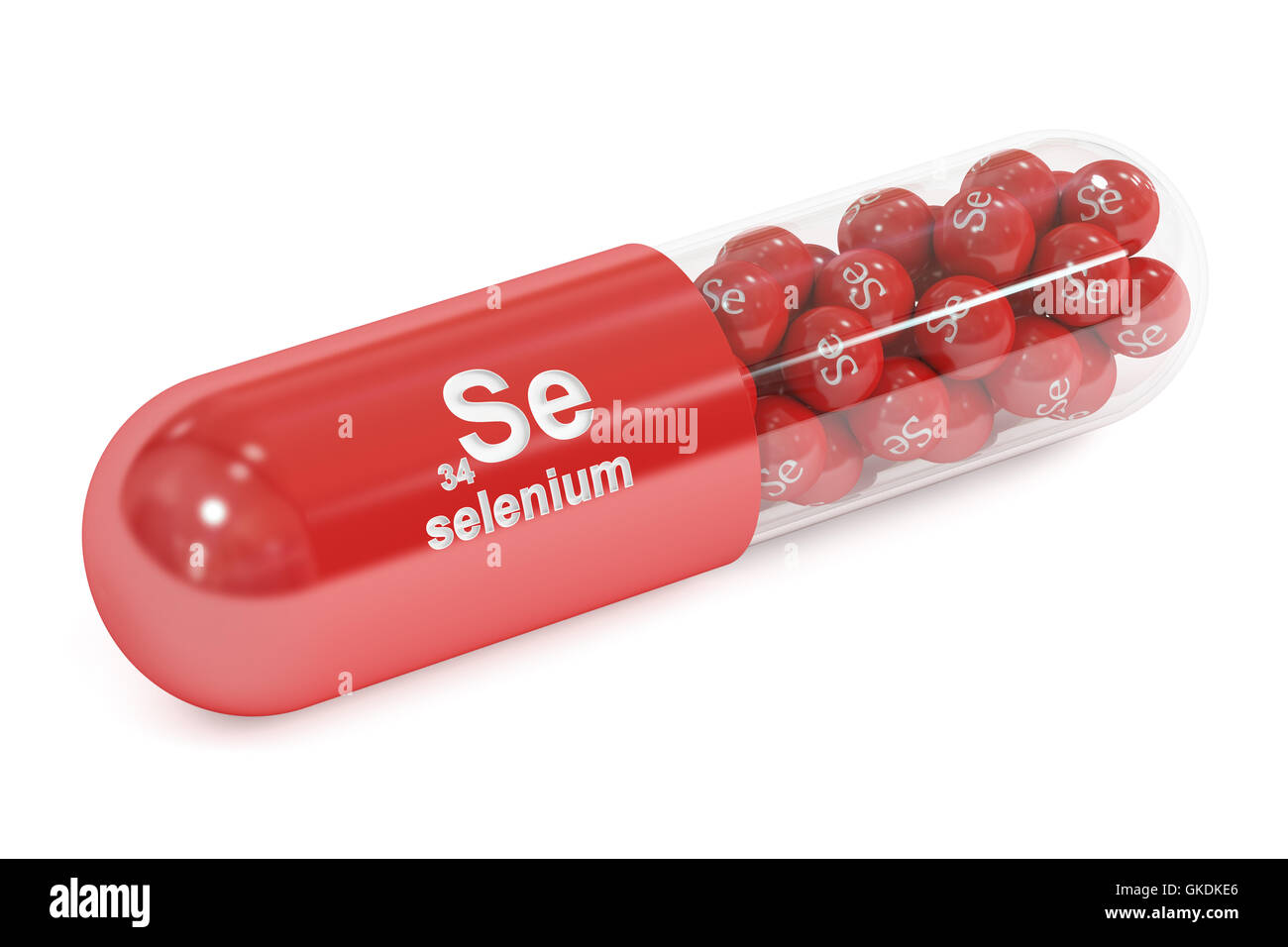 Capsule et l'élément Se sélénium complément alimentaire, rendu 3D isolé sur fond blanc Banque D'Images