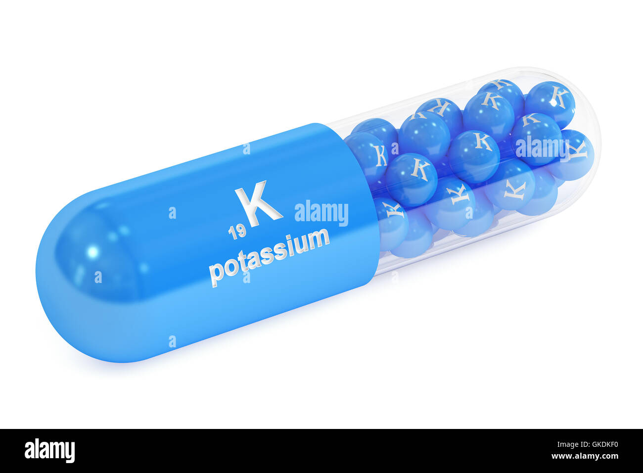 Potassium, kalium K capsule, rendu 3D isolé sur fond blanc Banque D'Images
