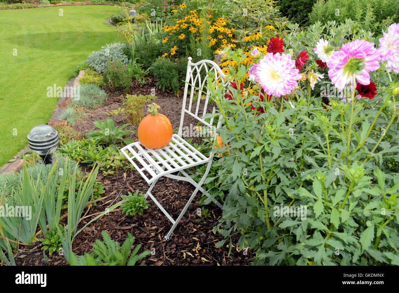 Jardin d'automne avec chaise et fleurs Banque D'Images