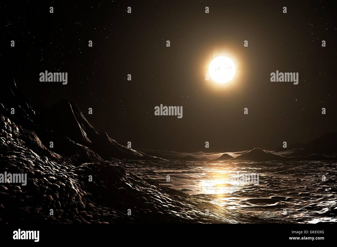 Surface de mercure. L'oeuvre de l'ordinateur montrant la surface de la planète Mercure avec le soleil au-dessus. À son plus proche, le mercure n'est que de 46 millions de kilomètres du Soleil, à moins d'un tiers de la distance Terre-Soleil. La température de surface extrêmes sont le plus grand dans le système solaire, allant (jour-nuit) de 400 à -170 degrés Celsius. Certains de mercure est fin 'atmosphereâ€™ est de capturer l'eau qui tue, tandis que d'autres gaz sont libérés par des procédés chimiques sur la surface rocheuse de la planète. Banque D'Images