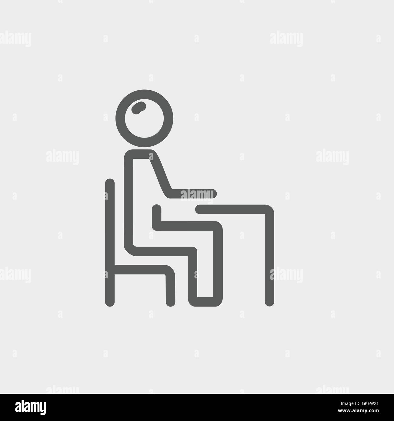 Élève assis sur une chaise en face de sa table l'icône de la ligne mince Illustration de Vecteur