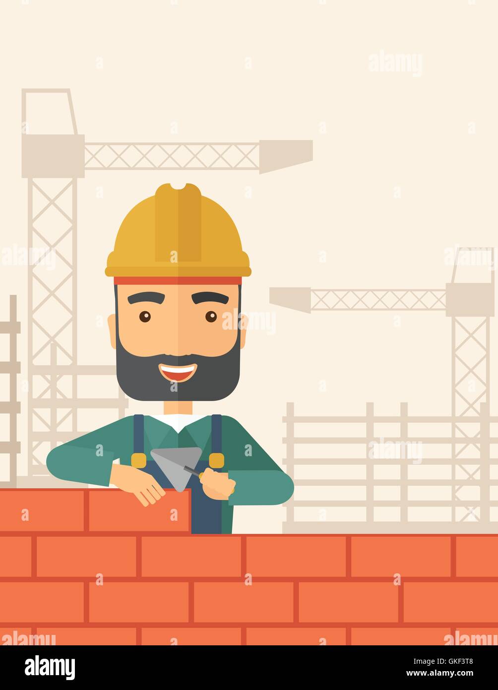 L'homme constructeur est en train de construire un mur de briques. Illustration de Vecteur