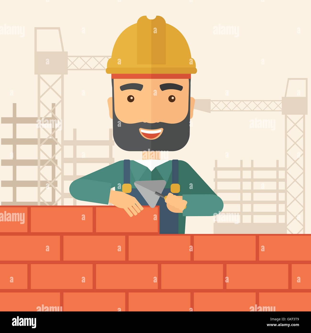 L'homme constructeur est en train de construire un mur de briques. Illustration de Vecteur