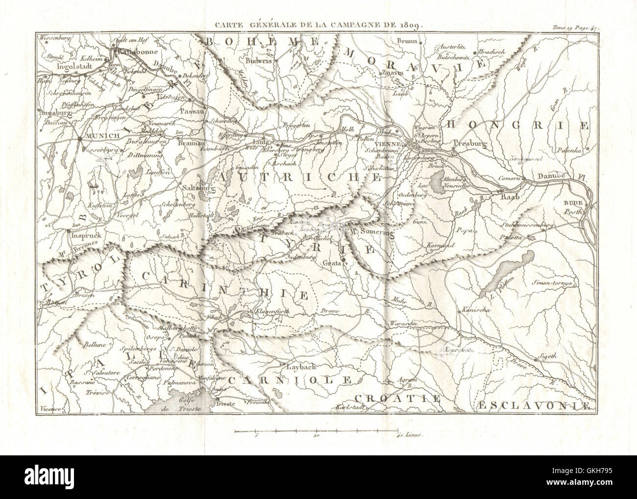 Carte de la campagne de 1809. Guerre de la Cinquième Coalition. L'Autriche Hongrie, 1820 Banque D'Images