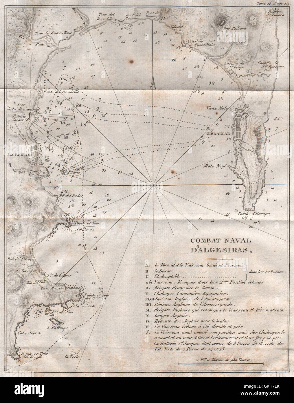 Bataille Navale d'Algésiras en 1801. Gibraltar. L'Espagne, 1821 carte antique Banque D'Images