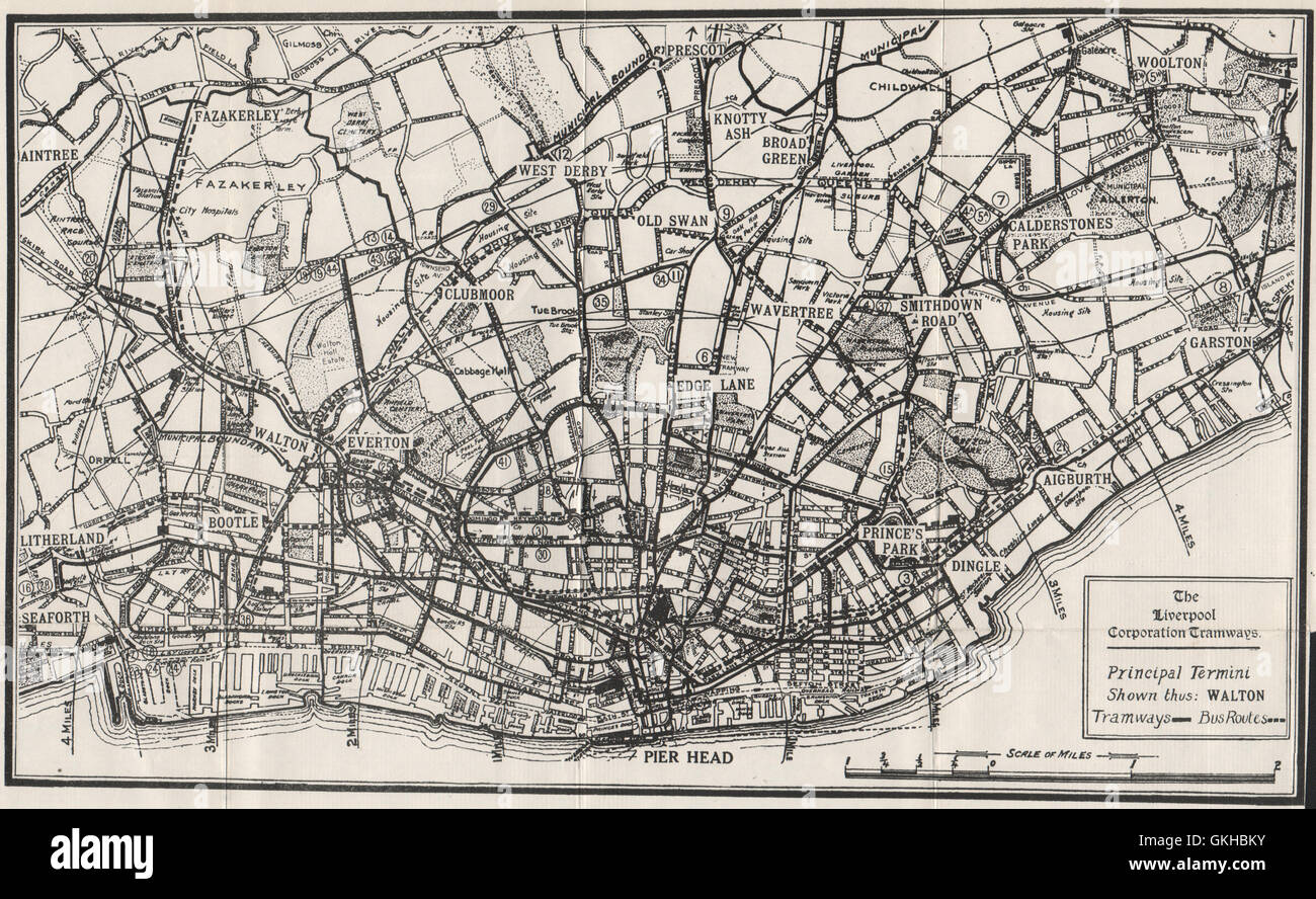 La société de Liverpool de tramways. Everton Bootle Garston. WARD LOCK, 1936 map Banque D'Images