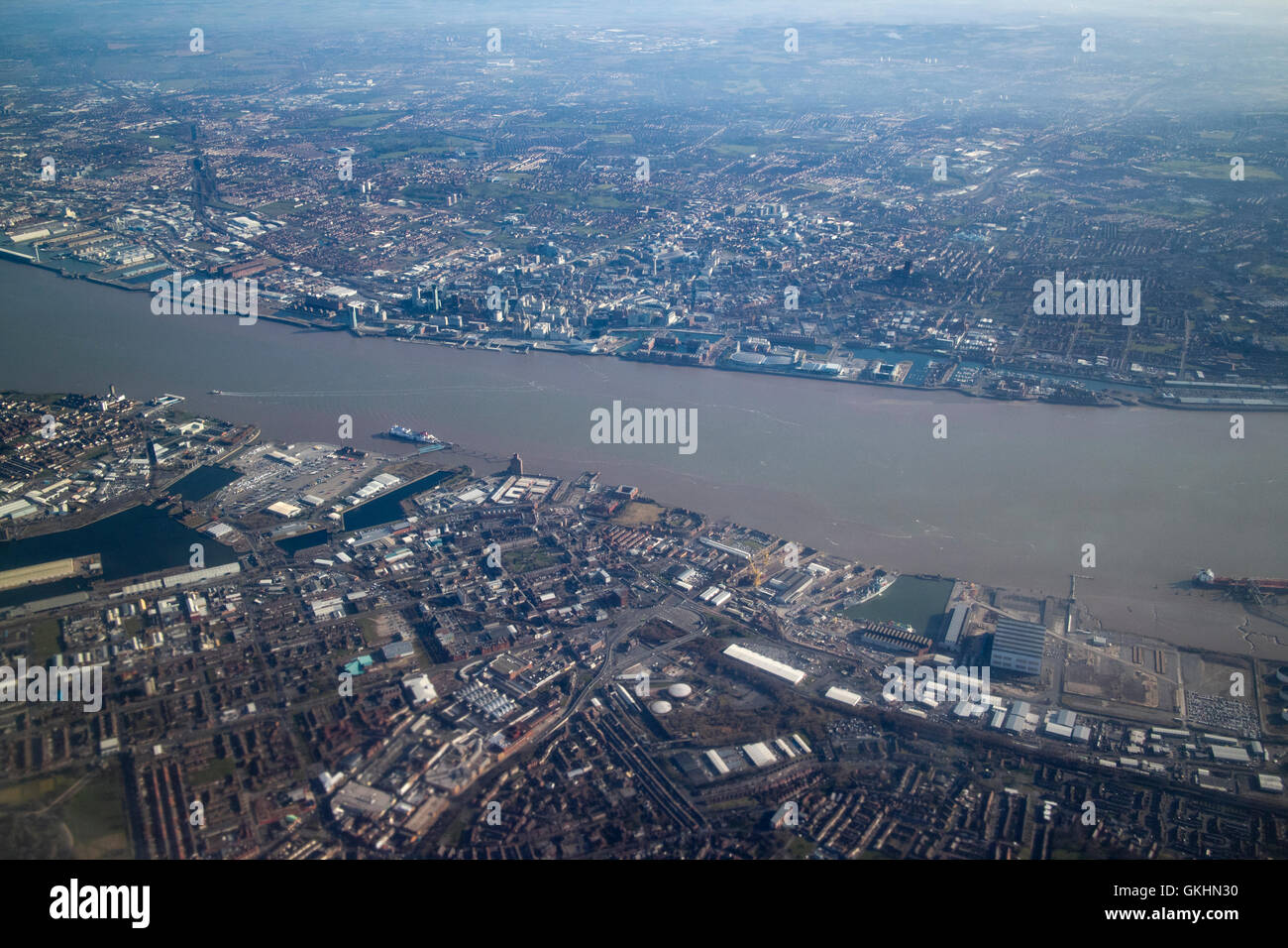 Vue aérienne de Liverpool, Birkenhead et la rivière Mersey Banque D'Images