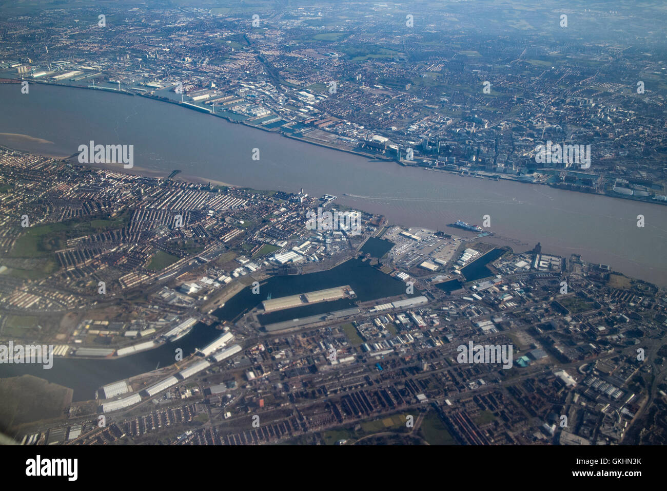 Vue aérienne de Liverpool, Birkenhead et la rivière Mersey Banque D'Images