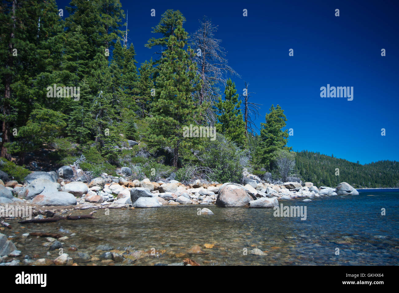Vue d'un rivage rocheux du lac Tahoe à D.L. Bliss State Park, Californie Banque D'Images