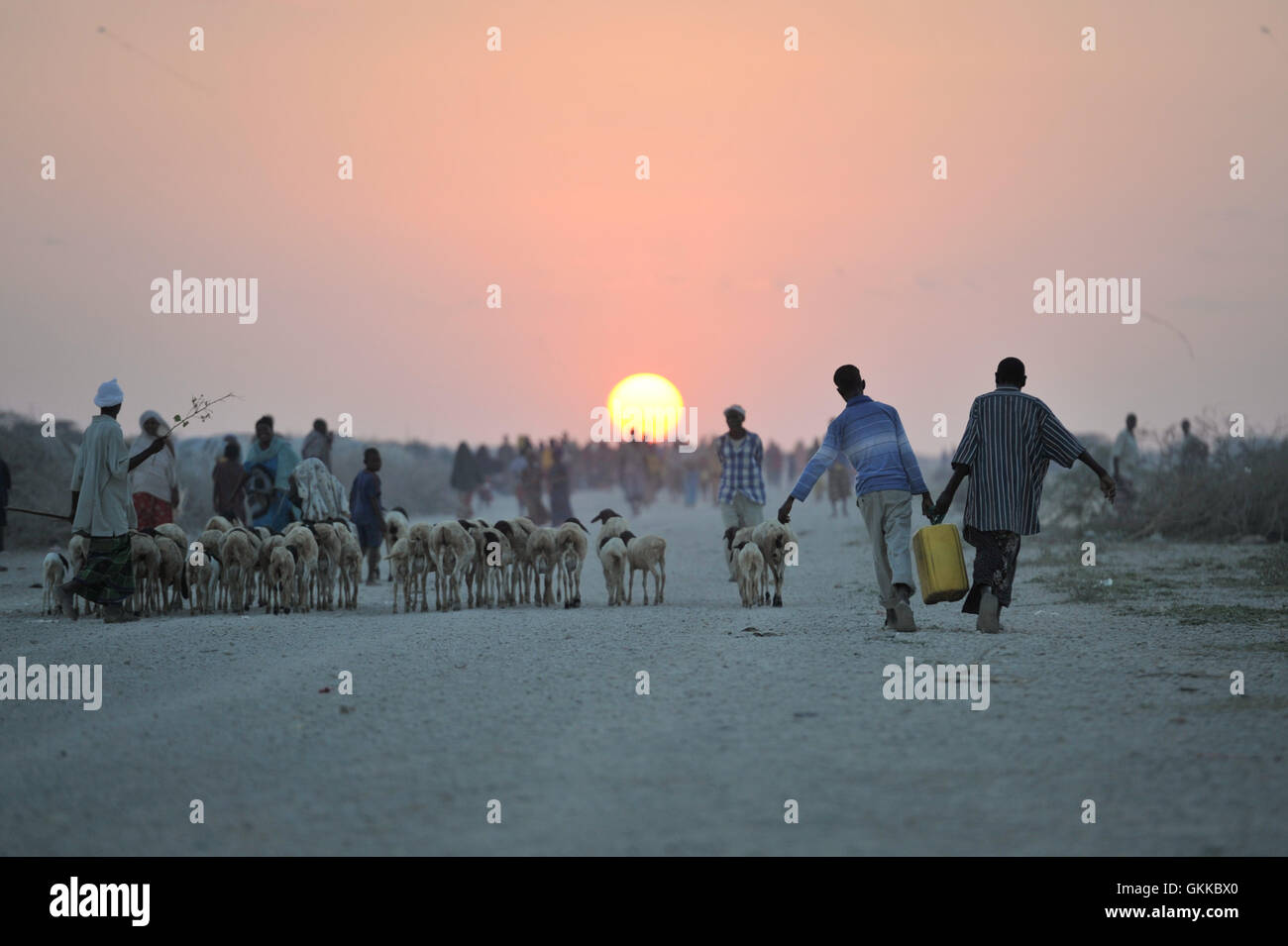 Deux garçons transportent de l'eau devant un camp de déplacés près de Jowhar, en Somalie, le 14 décembre. Les combats claniques ont déplacé plus de 12 000 personnes, dont beaucoup ont trouvé refuge près d'un camp militaire de l'AMISOM, qui assure la sécurité. Au un IST photo / Tobin Jones Banque D'Images
