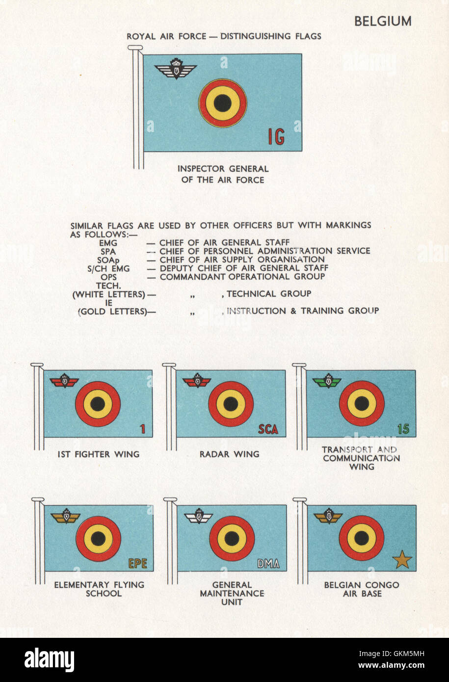 FORCE AÉRIENNE BELGE DRAPEAUX. Inspecteur général. 1re Escadre de chasse/Radar. Congo, 1958 Banque D'Images