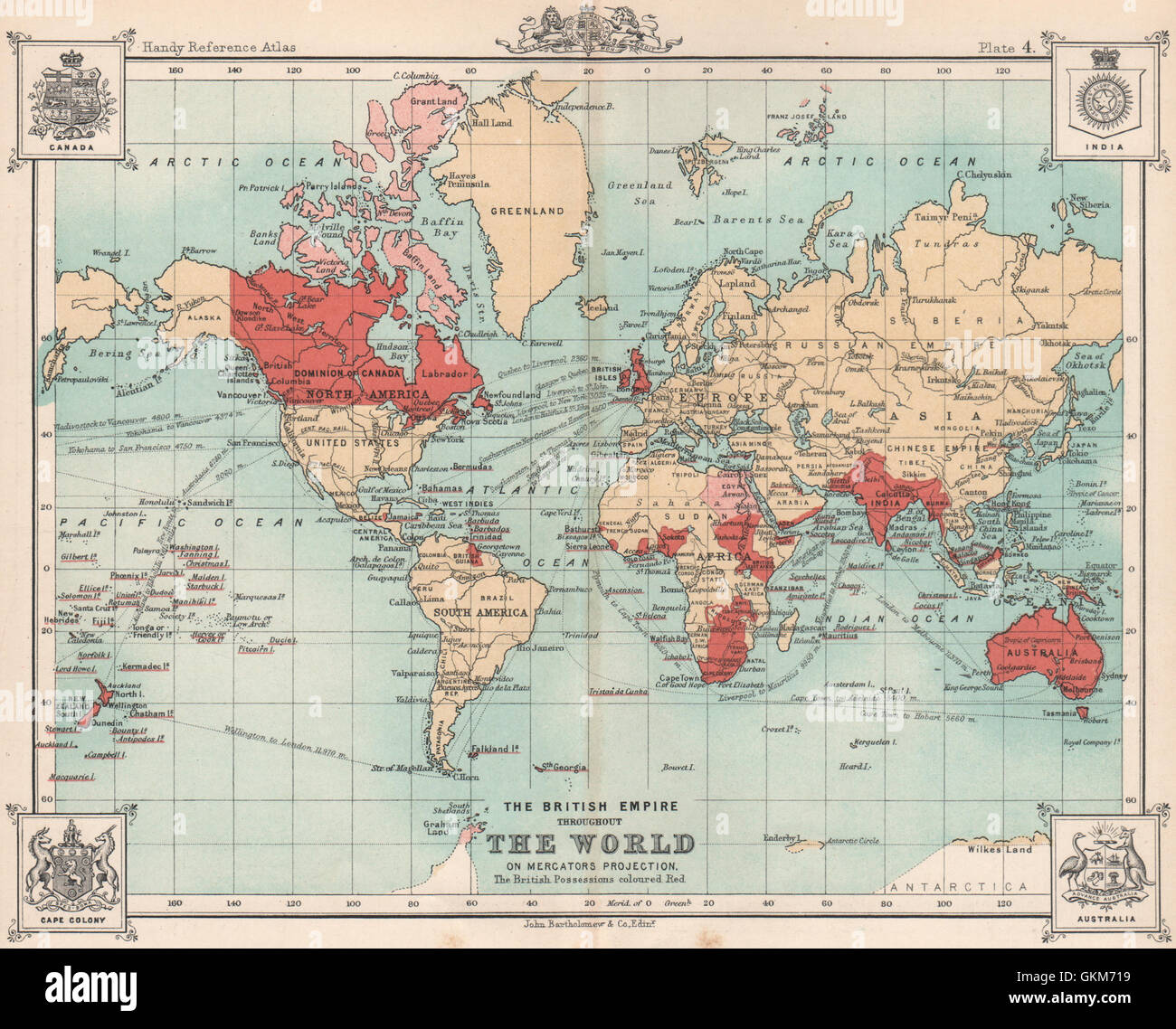 L'Empire britannique dans le monde entier. BARTHOLOMEW, 1904 carte ...