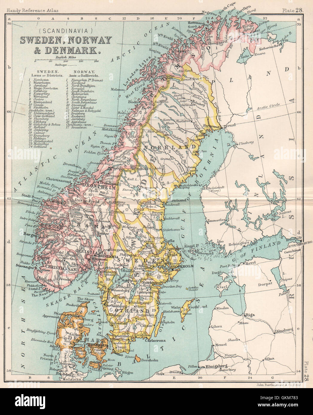 La Suede La Norvege Et Au Danemark La Scandinavie Bartholomew 1904 Carte Antique Photo Stock Alamy