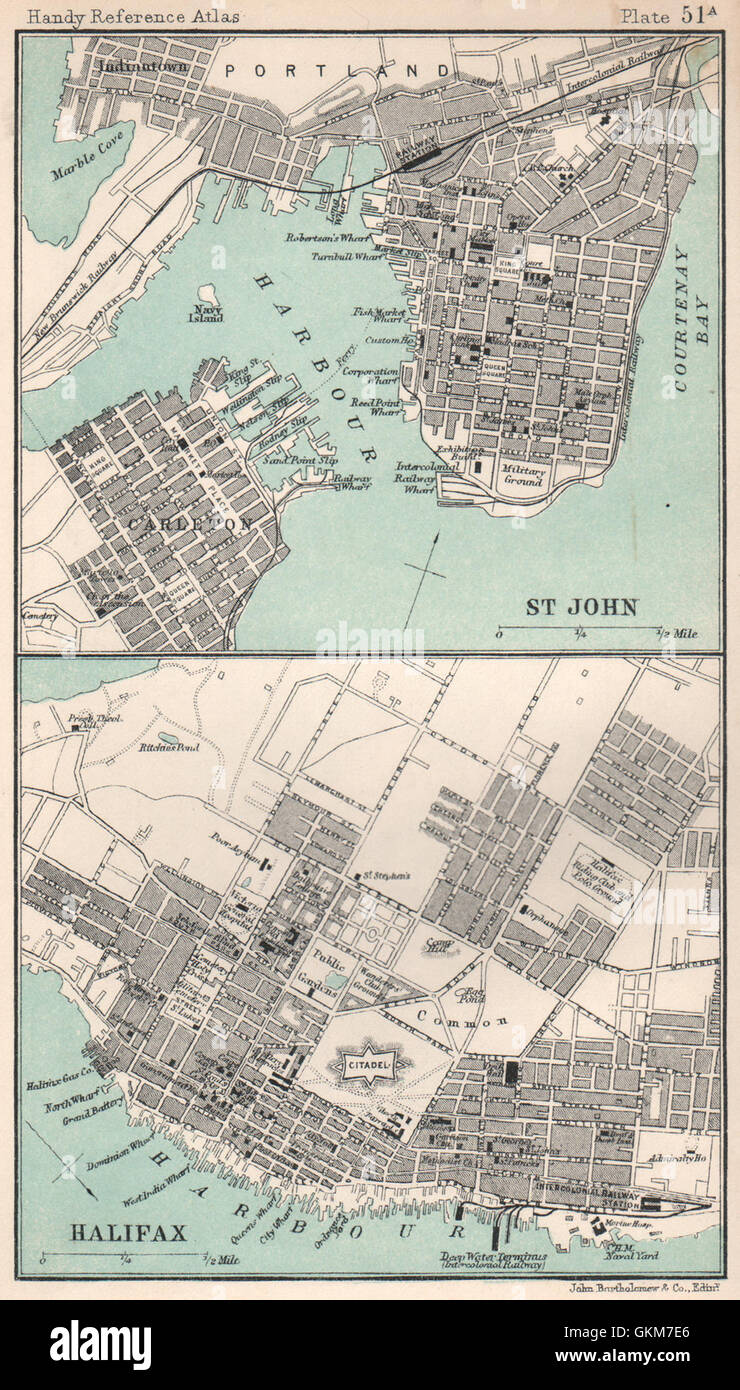 Halifax et St. John town/city plans. Le Canada. BARTHOLOMEW, 1904 carte antique Banque D'Images
