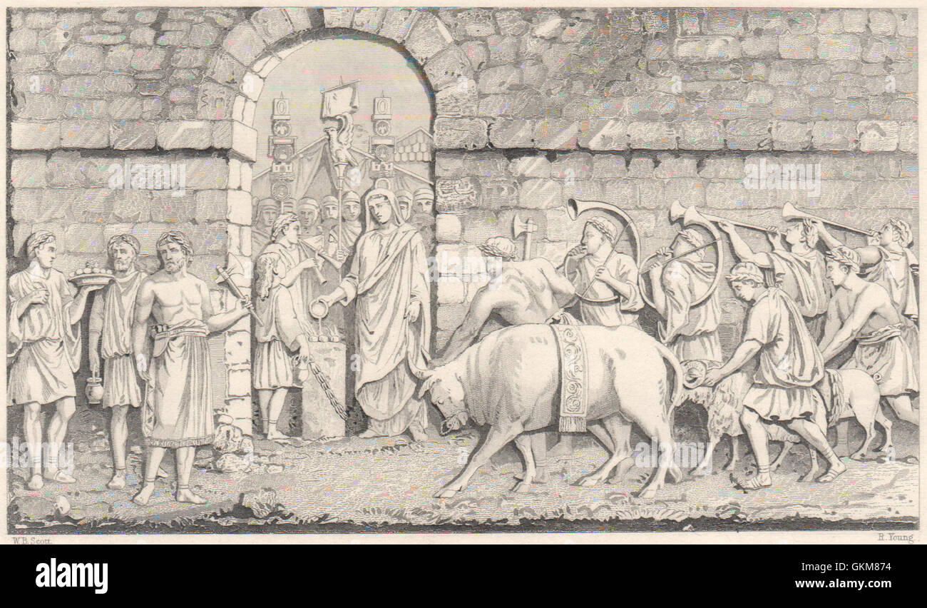 Sacrifice romain sur le démarrage d'une guerre. Les sculptures de Bartolle la colonne Trajane, 1840 Banque D'Images
