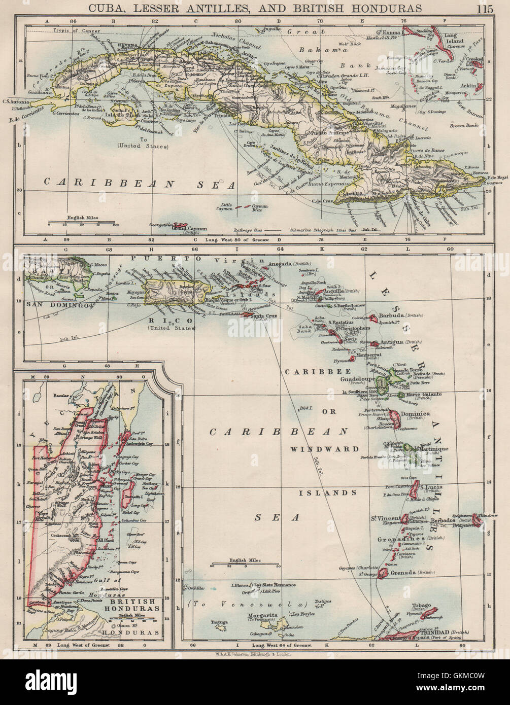 Îles des Caraïbes.Cuba Honduras britannique Caribbee/Windward. JOHNSTON, 1900 map Banque D'Images