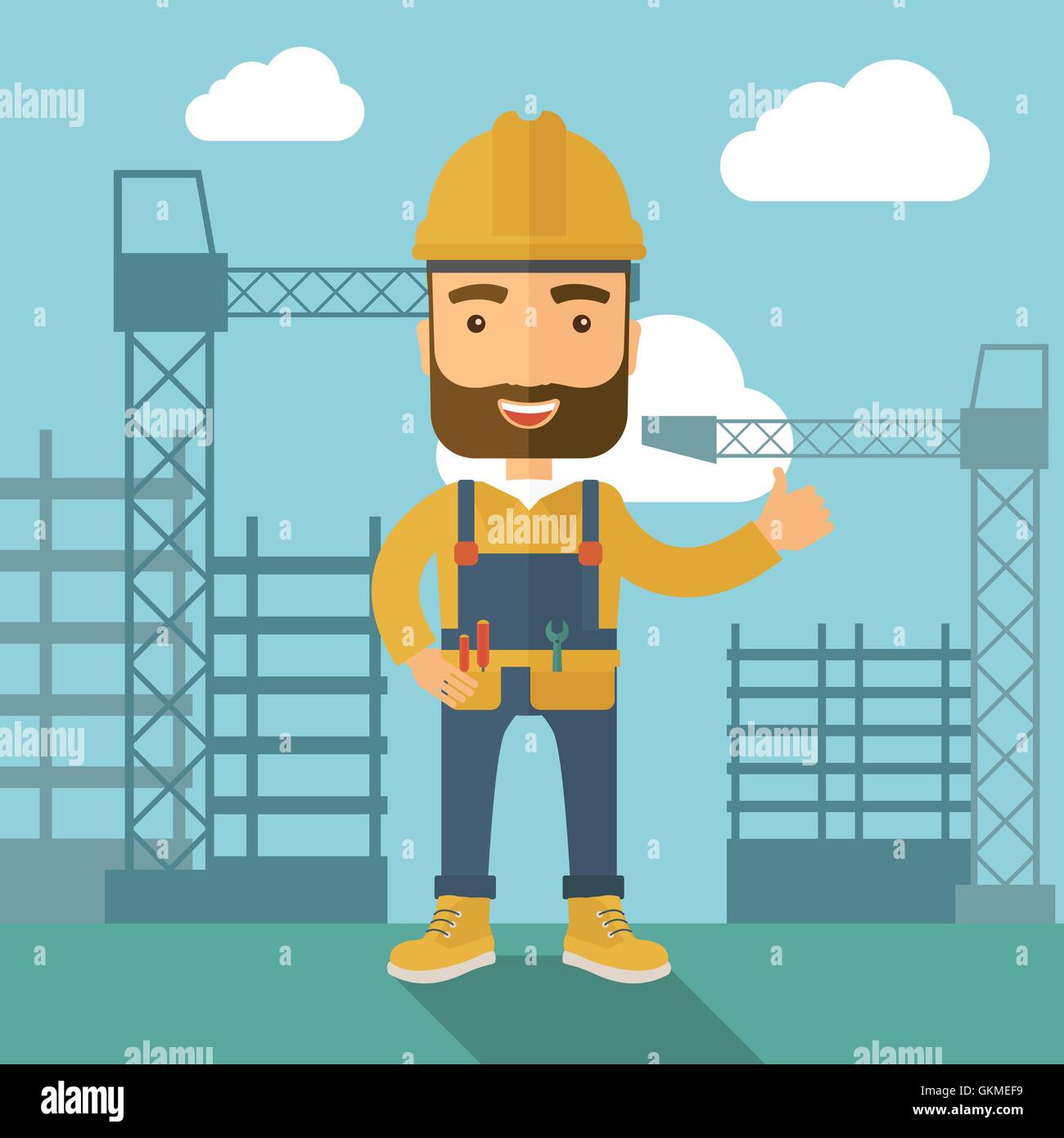 Homme debout en face de la tour de la grue de construction. Illustration de Vecteur