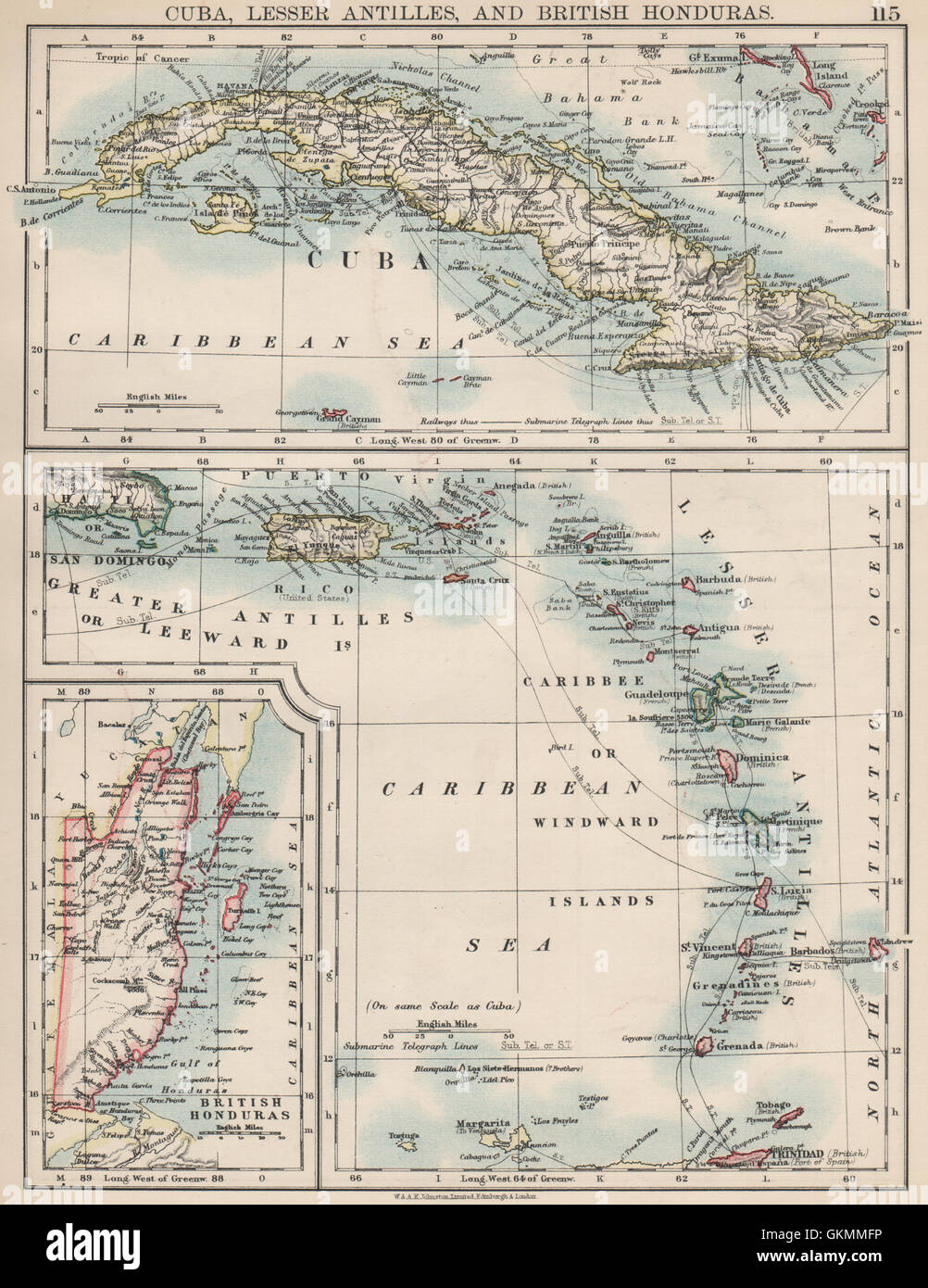 Îles des Caraïbes.Cuba Honduras britannique Caribbee/Windward. JOHNSTON, 1903 map Banque D'Images