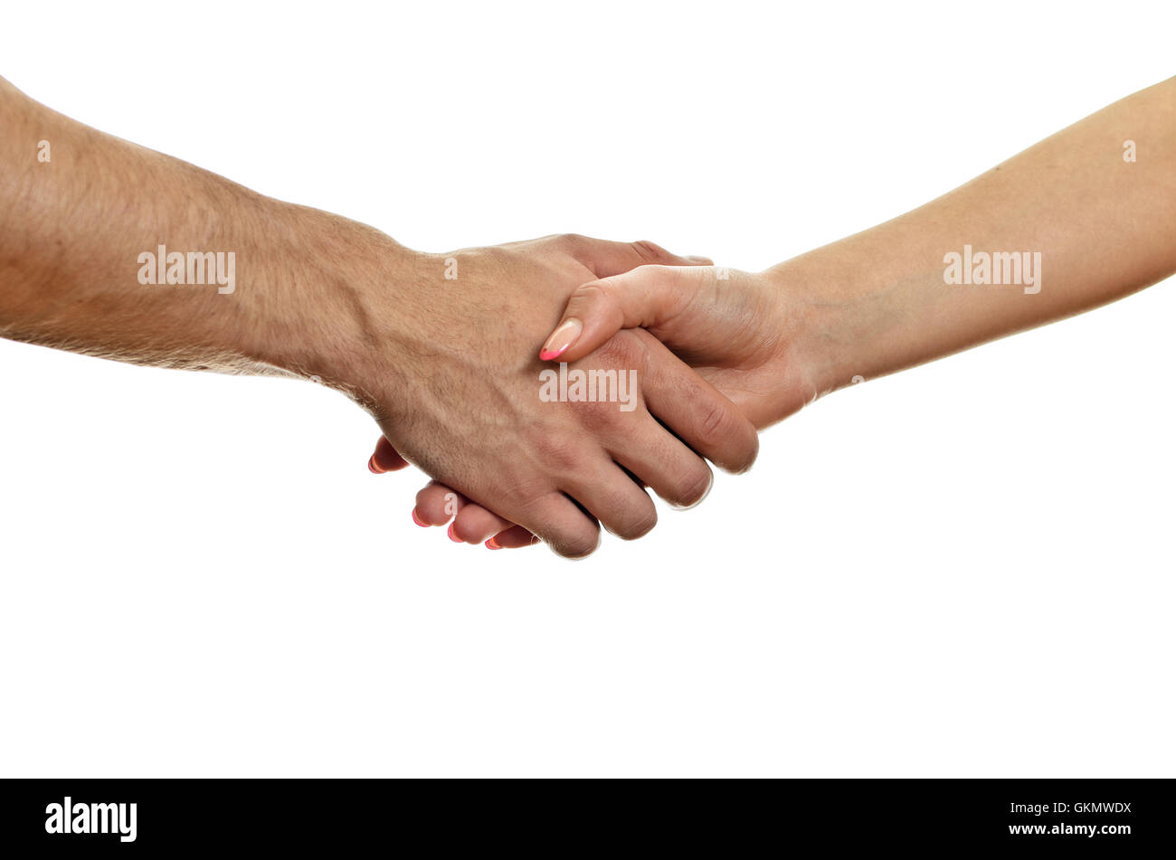 L'homme et la femme se serrer la main. Isolé sur blanc. Banque D'Images