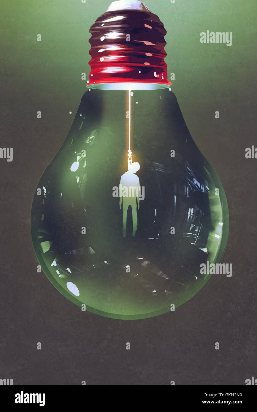 Ampoule avec le pendu à l'intérieur sur fond sombre,illustration peinture Banque D'Images