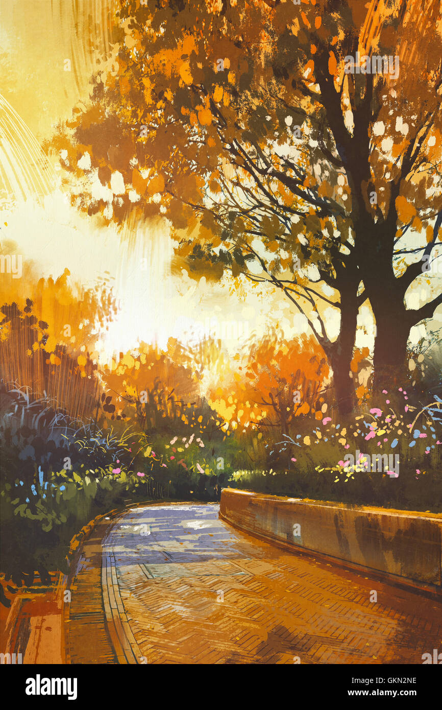 Passerelle dans le parc avec des arbres aux couleurs automnales,illustration peinture Banque D'Images