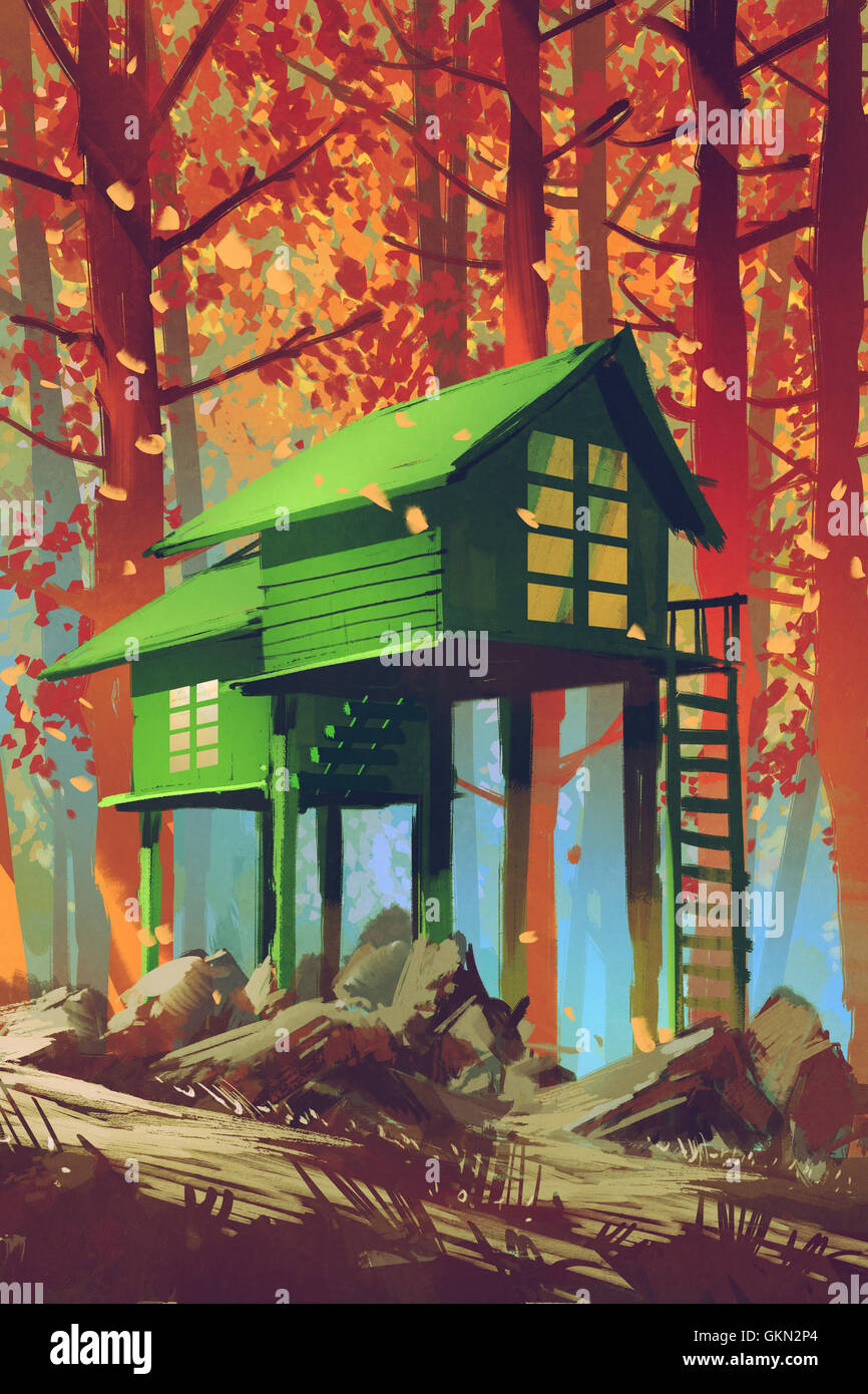 Maisons vertes en forêt d'automne,illustration peinture Banque D'Images