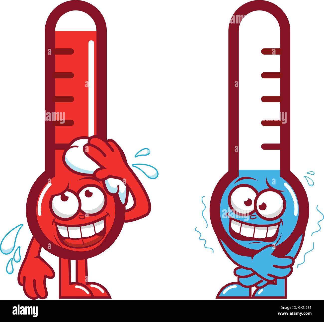 Thermomètres de bande dessinée chauds et froids. Température de dessin animé par temps chaud et froid en été et en hiver. Illustration vectorielle Illustration de Vecteur