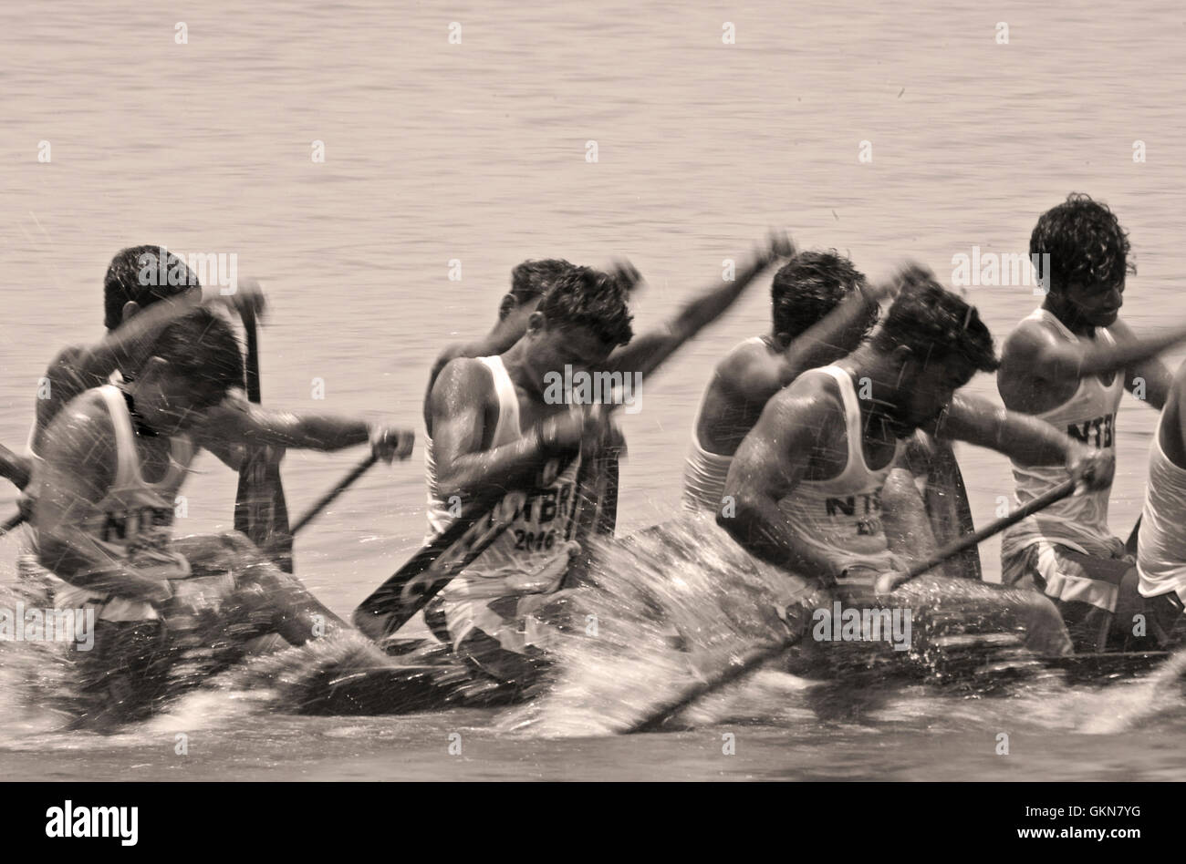 L'image du participant, l'aviron, Snake bateau en mouvement, Nehru boat race day, Allaepy Punnamda, Lac, Kerala Inde Banque D'Images