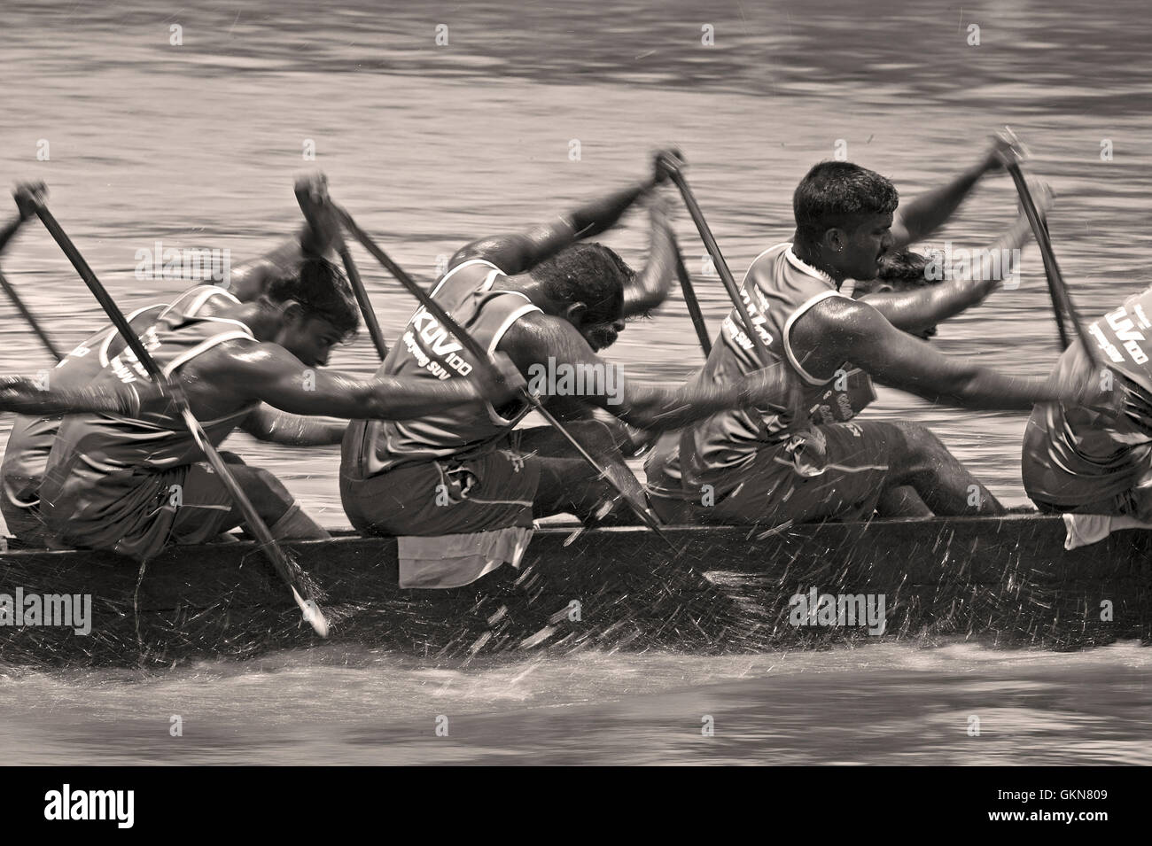 L'image du participant, l'aviron, Snake bateau en mouvement, Nehru boat race day, Allaepy Punnamda, Lac, Kerala Inde Banque D'Images
