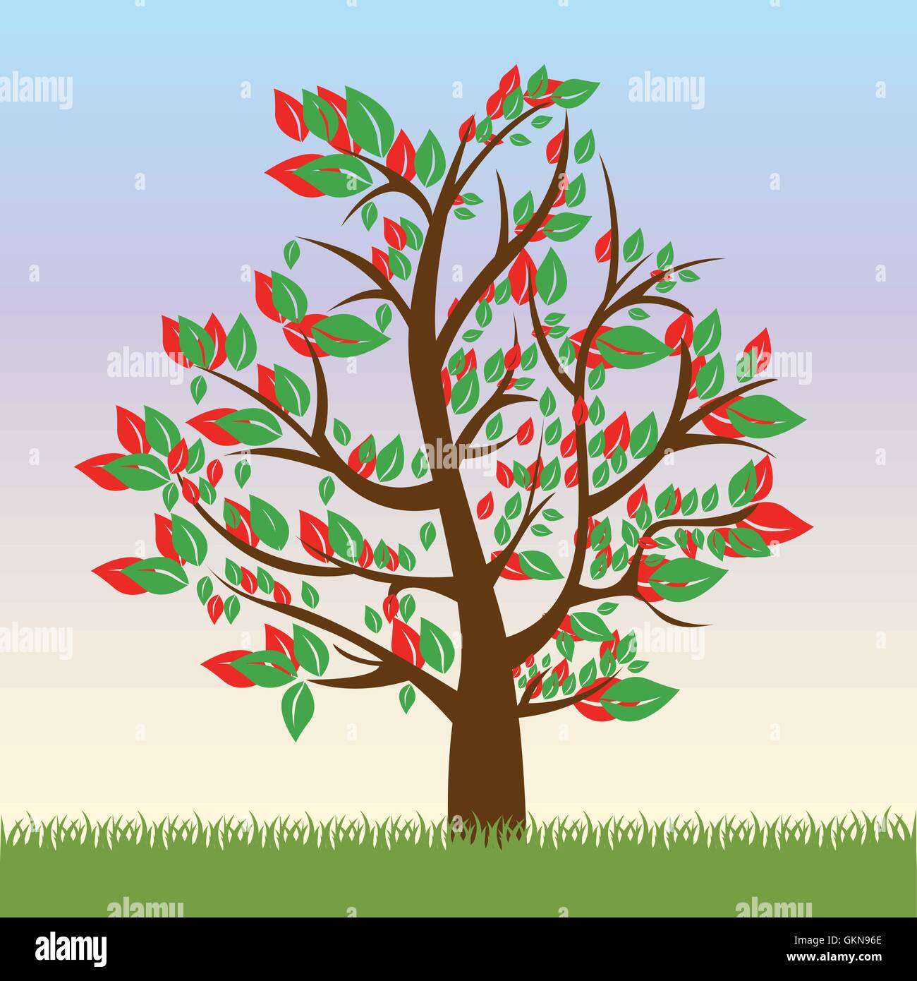 Illustration de l'arbre avec des feuilles vertes et rouge saison printemps vec Illustration de Vecteur
