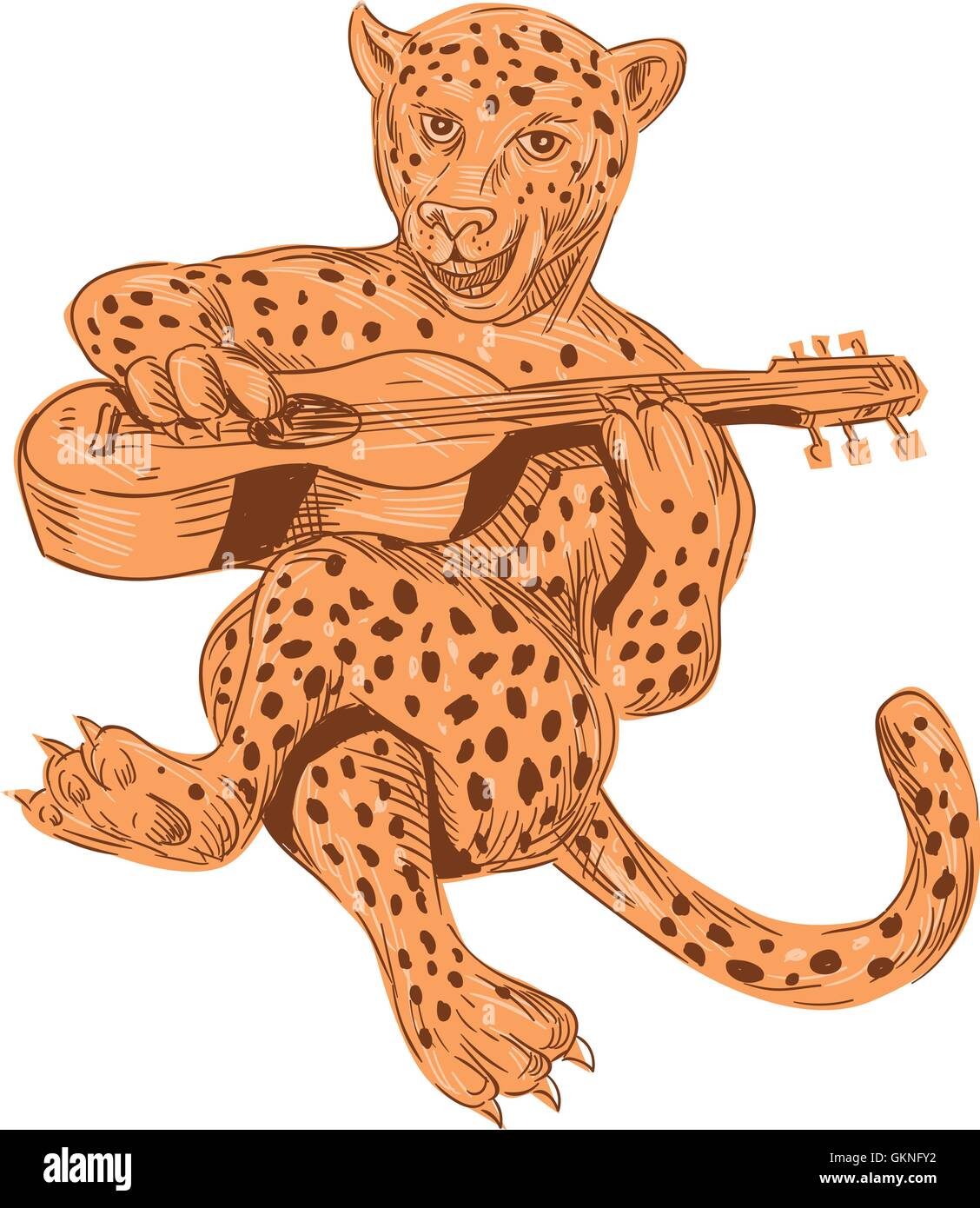 Style croquis dessin illustration d'une Jaguar s'asseoir à la guitare qu'à la vue de l'avant ensemble isolées sur fond blanc. Illustration de Vecteur