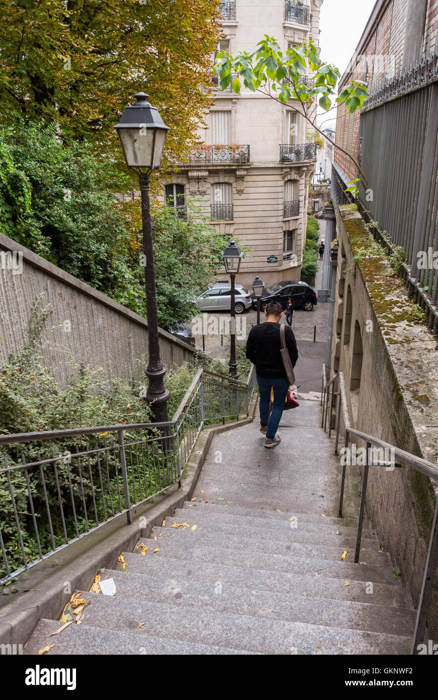 Paris, France, scènes de rue historiques, été, 16ème arrondissement,Les touristes chinois escaliers à pied Banque D'Images