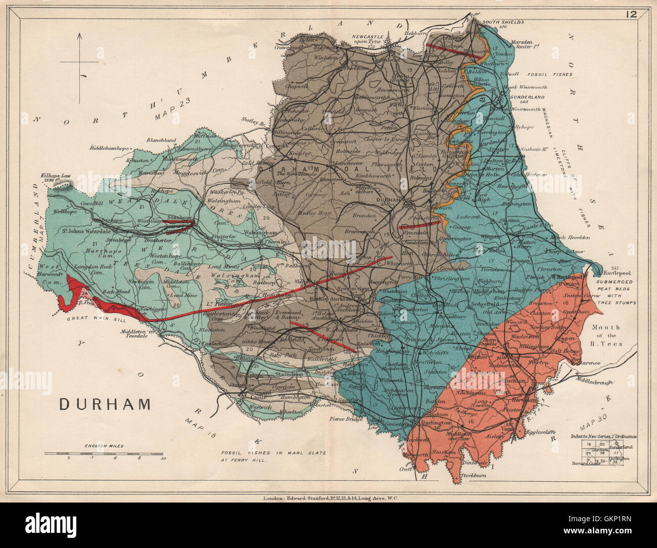 Carte géologique du comté de Durham. STANFORD, 1913 Banque D'Images