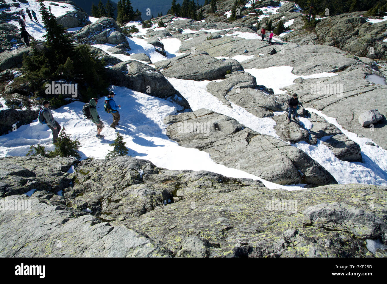 Plusieurs randonneurs d'hiver Mount Seymour (Colombie-Britannique) En ordre décroissant à partir de la première crête sommet enneigé avec une vallée de montagne Banque D'Images