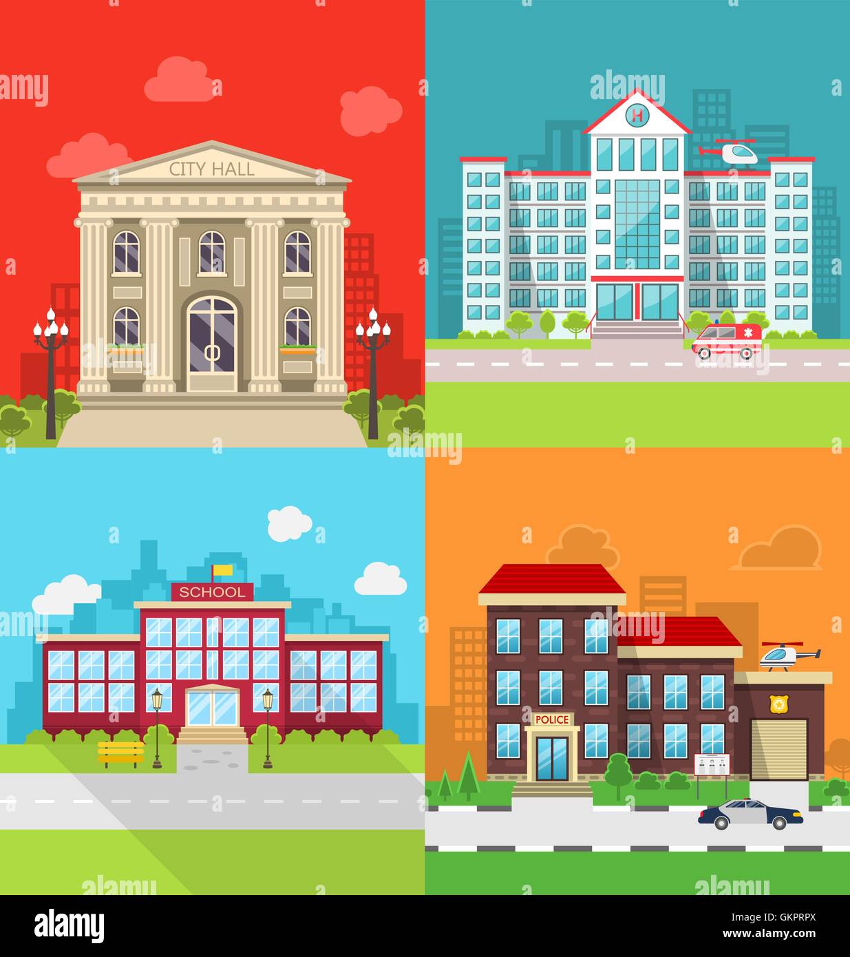 Définir les édifices municipaux - Hôtel de Ville, hôpital, école et poste de police. Illustration de Vecteur