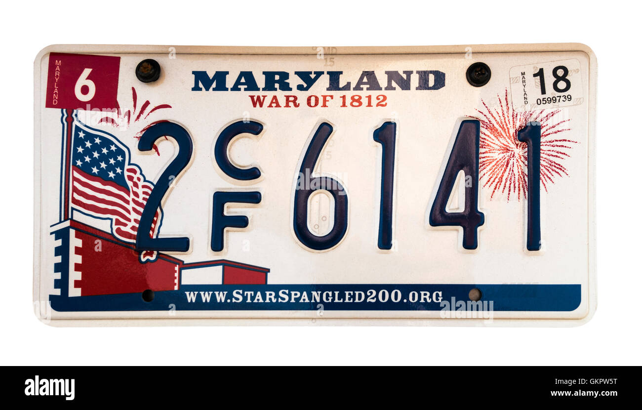 La plaque d'immatriculation du Maryland ; numéro d'immatriculation du véhicule. Le Maryland 'Guerre de 1812". Banque D'Images