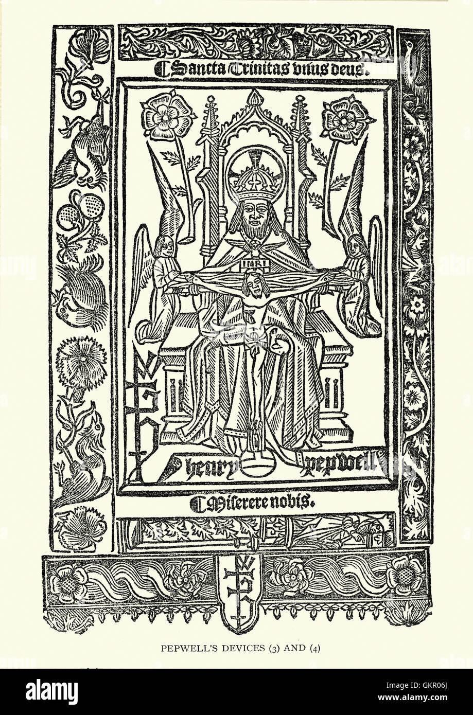 Gravure sur bois d'appareils de l'Pepwell, montrant Jésus sur la croix et Dieu sur son trône céleste Banque D'Images