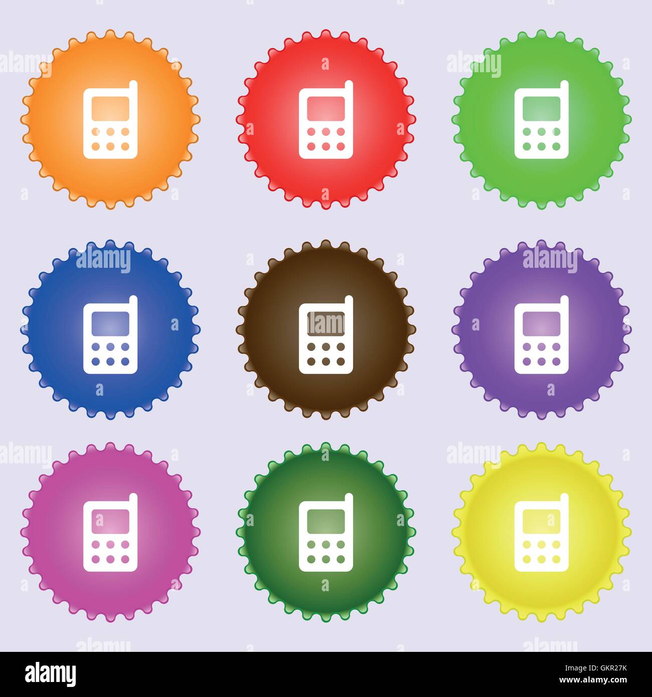 L'icône de téléphone mobile signe. Une série de 9 étiquettes de couleurs différentes. Vector Illustration de Vecteur
