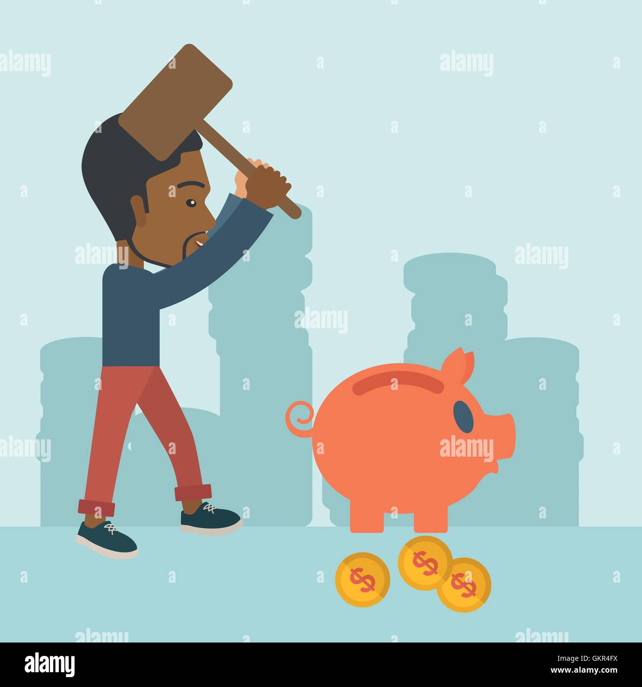 Black guy holding a hammer breaking piggy bank. Illustration de Vecteur